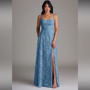 Azazie Moira Steel Blue Lace Spaghetti-Strap Maxi Dress
